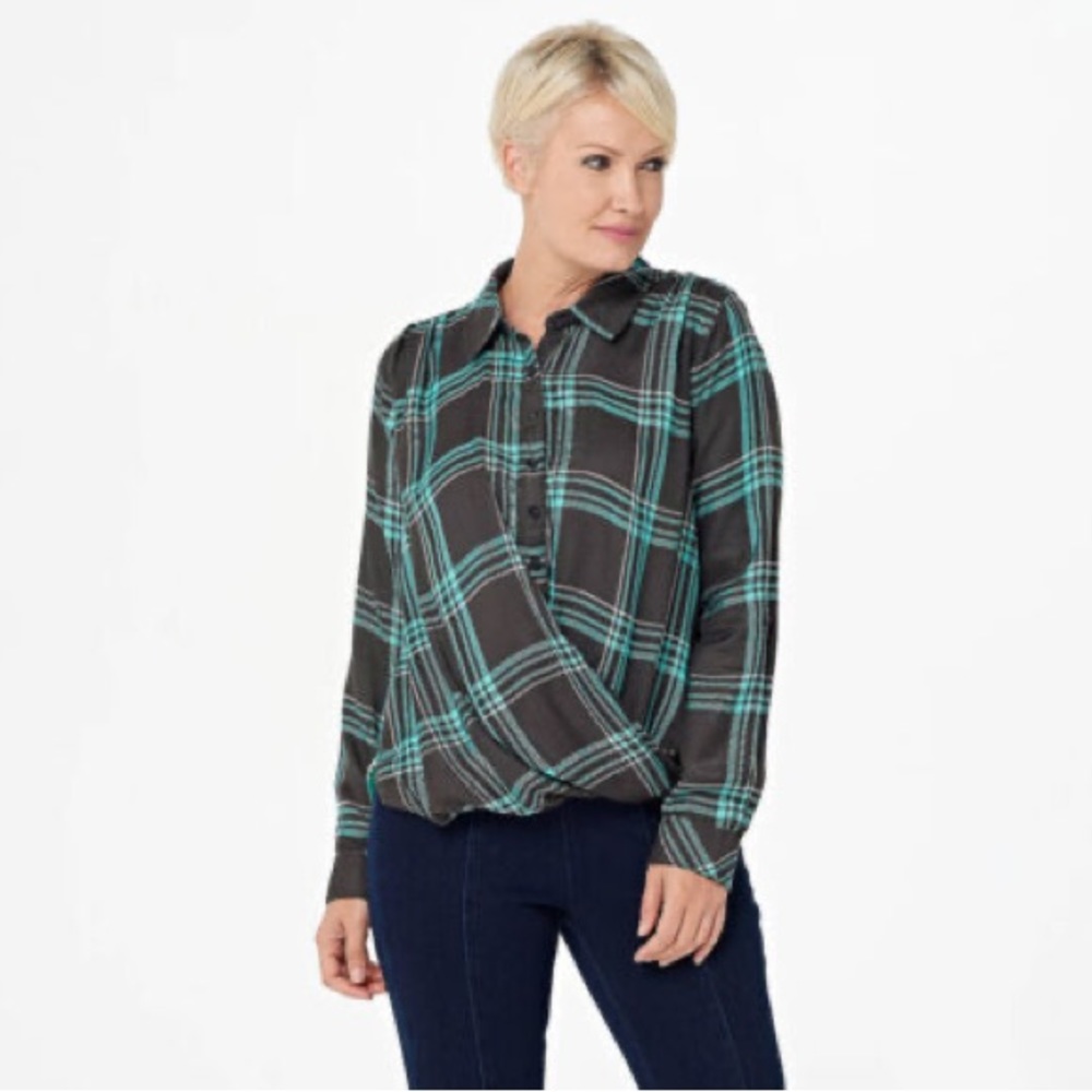 Tolani Collection plaid wrap button front floral back blouse